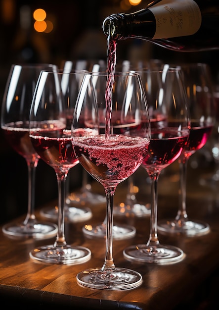 Rotwein aus der Flasche in das Weinglas auf der Bar Rotwein aus der Flasche ins Glas gießen