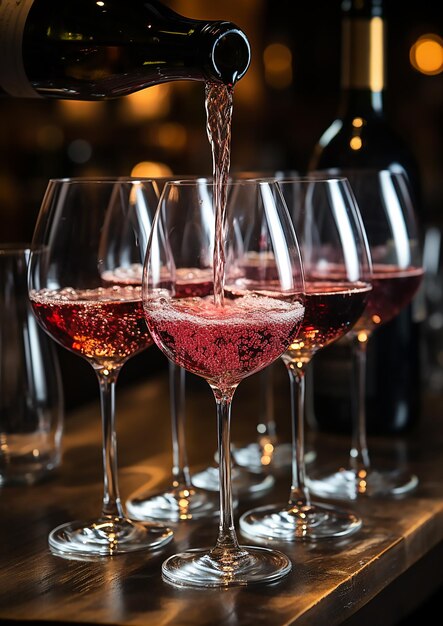 Rotwein aus der Flasche in das Weinglas auf der Bar Rotwein aus der Flasche ins Glas gießen