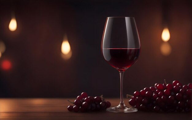 Rotwein gefülltes Glas auf einem Holztisch Bokeh-Lichter-Hintergrund