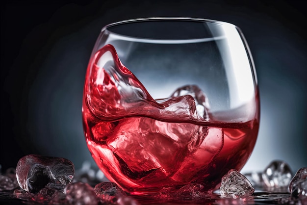 Rotwein im Glas mit Eiswürfeln auf schwarzem Hintergrund Nahaufnahme Generative KI