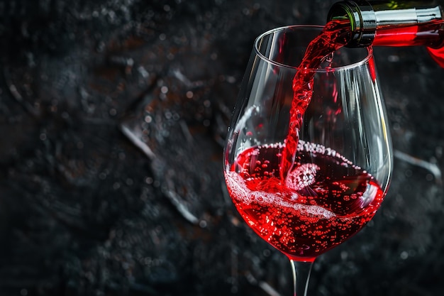 Rotwein in einen Glasbecher über einer schwarzen Umgebung und Raum gegossen Generative KI