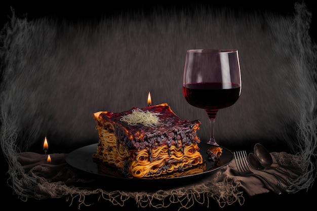 Rotwein mit einem schönen heißen Stück Lasagne selektiver Aufmerksamkeit