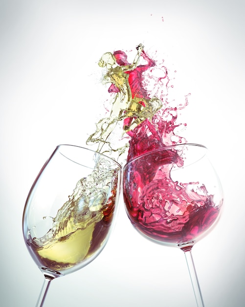 Rotwein und Weißwein Splash ist die Form eines Mannes und einer Frau tanzen