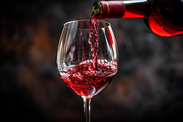 Rotwein wird aus einer Flasche in das Glas gegossen, die auf schwarzem Hintergrund isoliert ist. Rote Flüssigkeit fließt nach unten.