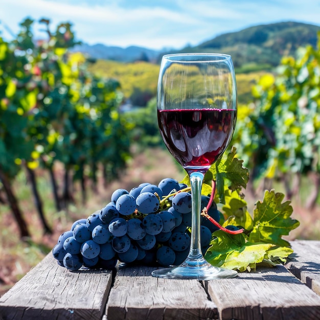 Rotweinglas und Traubenschachtel auf einem Holztisch gegen den Weinberg im Sommer