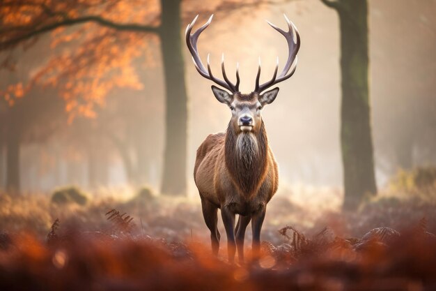 Rotwildhirsch im morgendlichen Herbstnebel