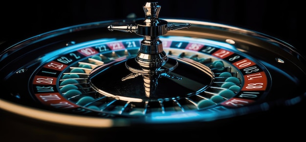 Rouletterad mit blauem Hintergrund und Lichtern. Casino-Foto. Generative KI