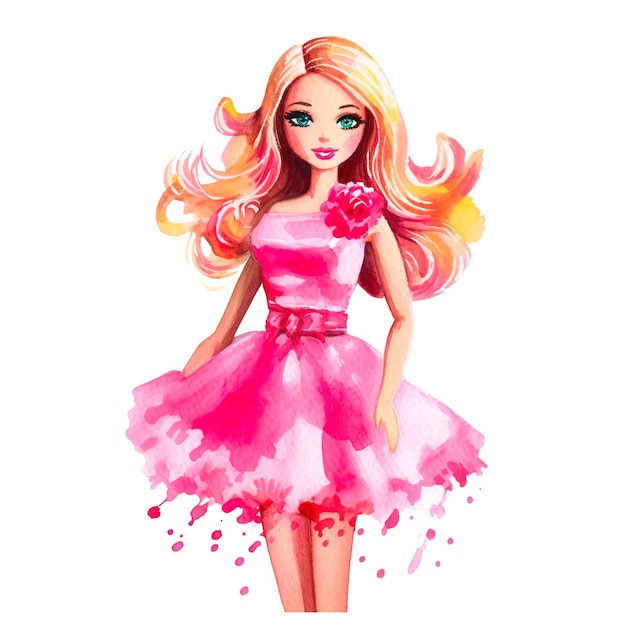 Roupa Barbie estilo aquarela fundo branco rosa