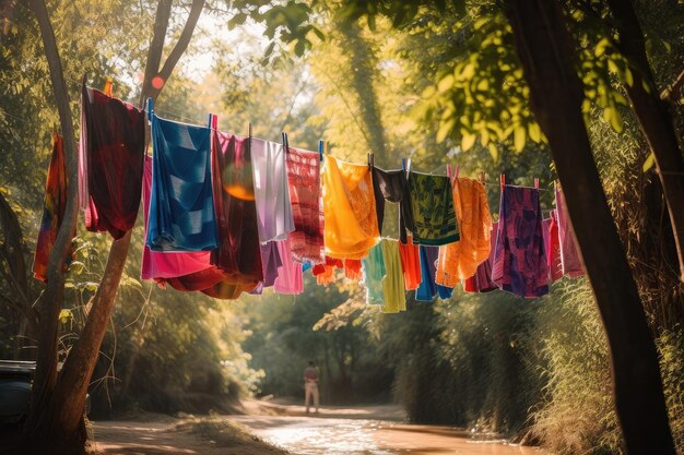 Roupa colorida pendurada em um varal no parque