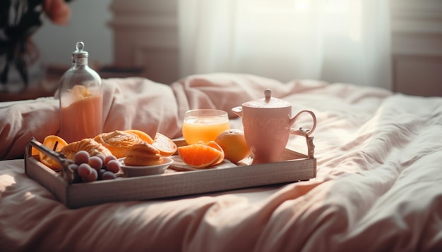 Roupa de cama confortável refresco de suco de laranja fresco croissant gerado por IA