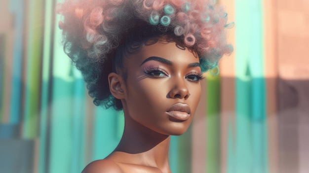Roupa de moda rosa pastel com bela modelo africana de cabelo colorido e adolescente à moda IA generativa pitoresca