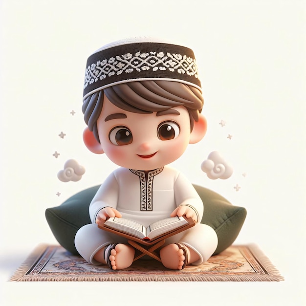 Roupa islâmica 3D Animado Menino Sorrindo Enquanto Leia o Alcorão