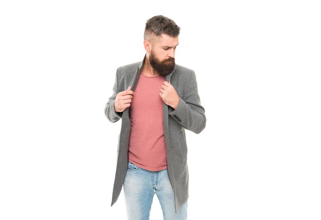 Roupa moderna Roupa casual elegante Moda masculina e conceito de moda Roupa confortável Homem barbudo hipster elegante jaqueta da moda Jaqueta casual perfeita para qualquer ocasião Consulta de estilista