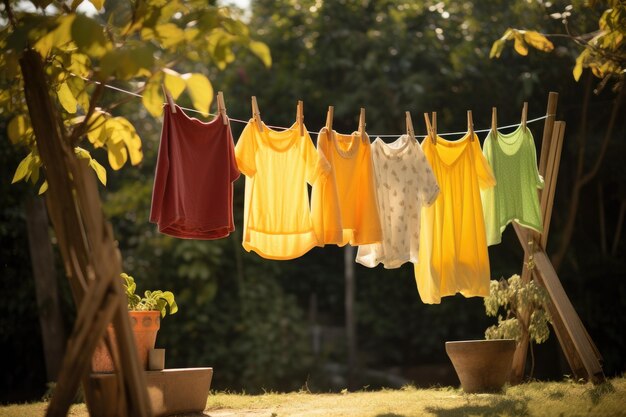 Foto roupa pendurada na corda de roupa no jardim foto de estoque depois de ser lavada, as roupas coloridas das crianças secam em uma corda de roupa no quintal lá fora, à luz do sol.