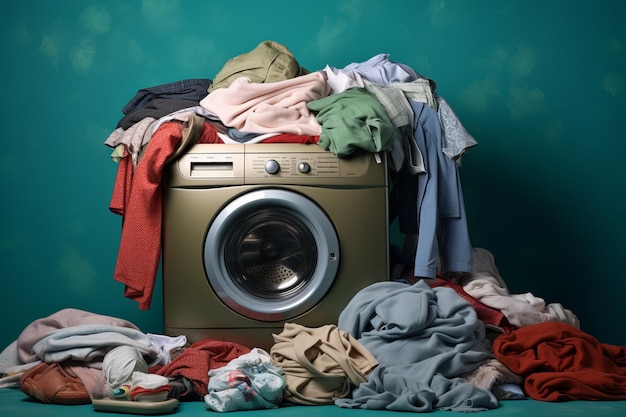 Roupa suja empilhada ao lado da máquina de lavar, representando tarefas domésticas e a importância da limpeza