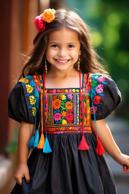 Roupa tradicional de celebração hispânica para menina com charme moderno