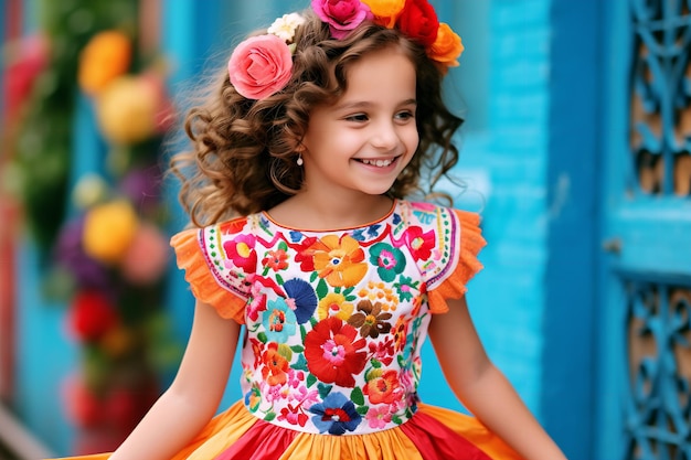 Roupa tradicional de celebração hispânica para menina com charme moderno