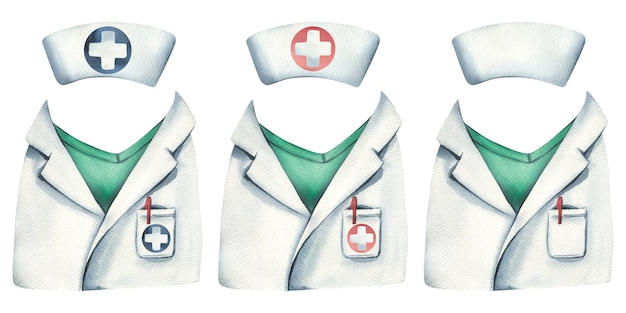 Roupão de desenho animado uniforme médico com camiseta de bolso e boné Ilustração em aquarela Um conjunto de objetos isolados em um fundo branco da coleção VETERINÁRIA