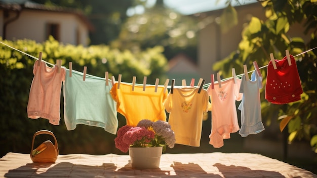 Roupas coloridas de crianças são secas na corda de roupa no jardim fora no sol