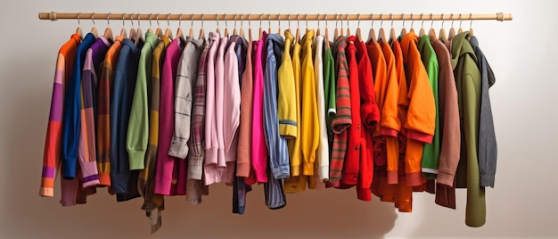 Roupas da moda no armário colorido da cremalheira da roupa