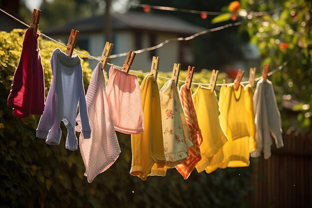Roupas de bebê coloridas penduradas em uma corda de roupa fora no jardim ao sol depois de lavar