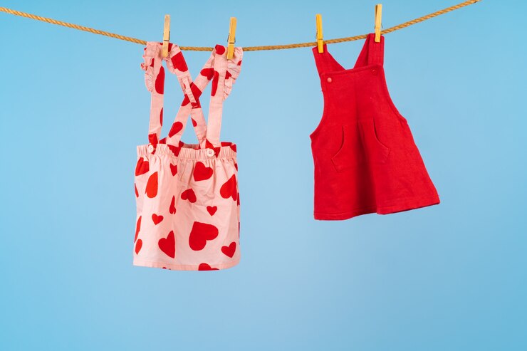 Foto roupas de bebê menina fixadas em um varal contra o fundo azul