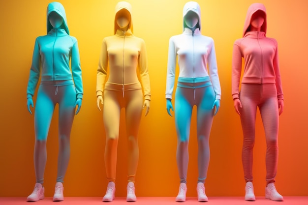 Roupas de ginástica coloridas em manequim de roupas esportivas criadas com tecnologia Generative AI