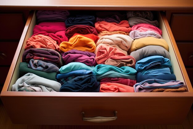 Foto roupas dobradas organizadas por cor em uma gaveta