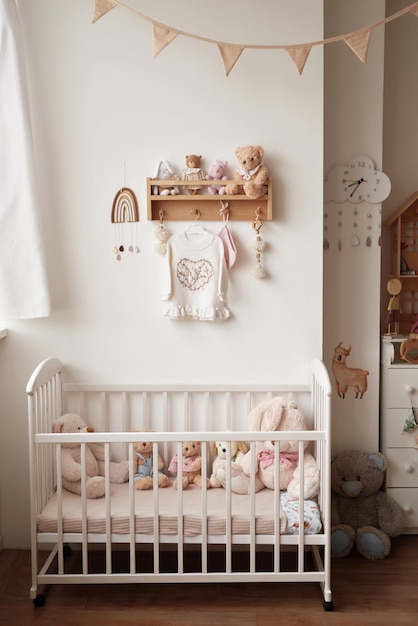 Roupas e acessórios de malha de bebê Prateleira do quarto das crianças com brinquedos Berço de bebê interior do berçário