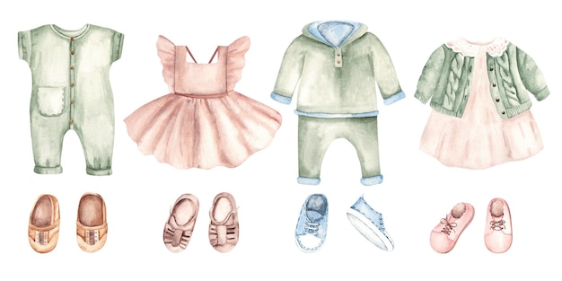 Roupas e sapatos de bebê definidos para menino e menina aquarela desenhada à mão para crianças ilustração de vintage
