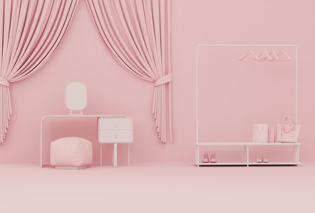 Roupas penduradas em um rack, mesa de maquiagem, cortina, poltrona em fundo rosa. Composição criativa.