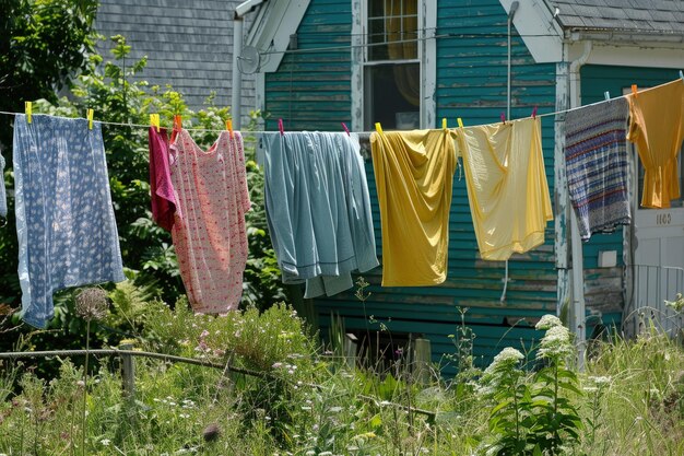 Foto roupas penduradas em uma linha do lado de fora de uma casa