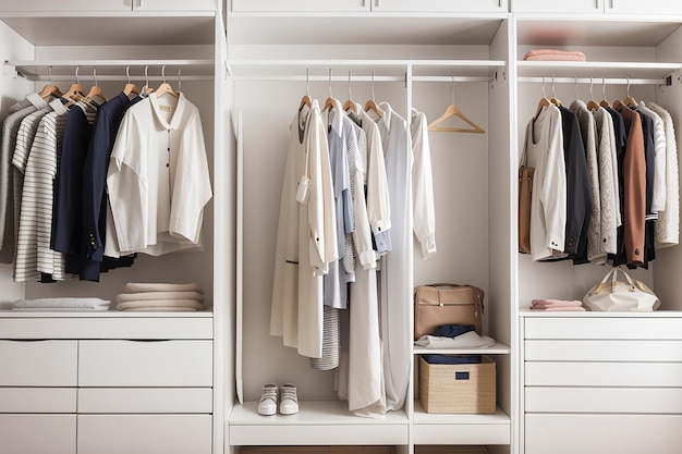 Roupas penduradas no trilho do guarda-roupa branco com caixas