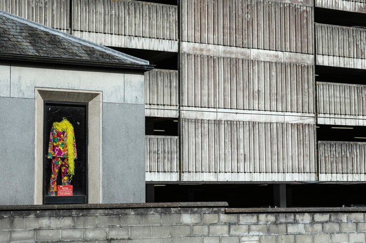 Foto roupas vistas através da janela da loja contra o edifício
