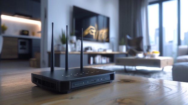 Router inalámbrico en una mesa de madera en la sala de estar