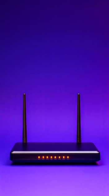 Un router moderno y elegante con un fondo púrpura vivo