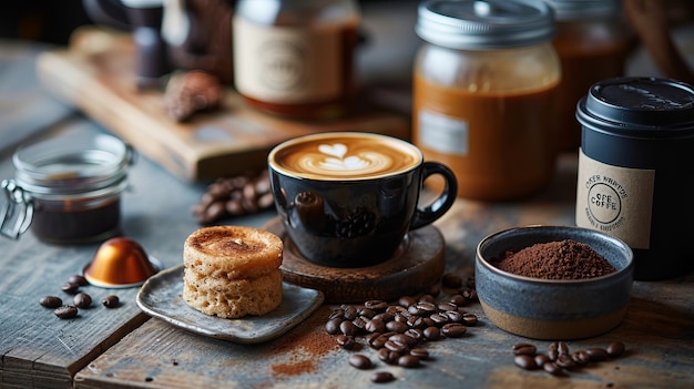 Routine de café de la mañana primer plano de taza de café de cerámica artesanal y otras vajillas en la mesa