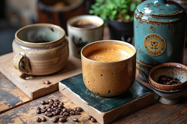 Routine de café da manhã close de caneca de café de cerâmica artesanal e outras louças na mesa