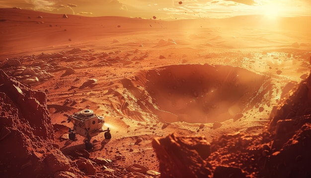 Un rover está conduciendo a través de un desierto con un gran agujero en el suelo