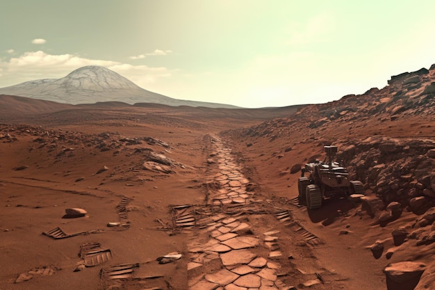 El rover de Marte dejando huellas en el suelo rojo marciano creado con IA generativa