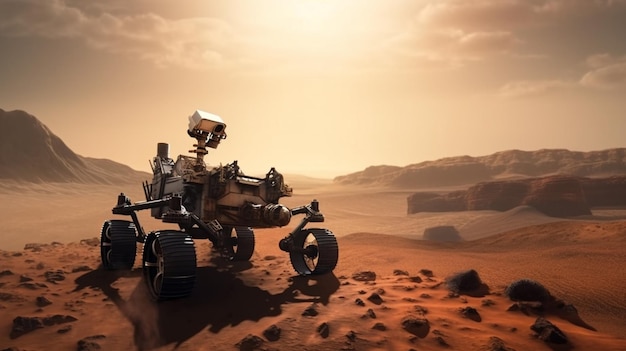 Un rover de Marte está en la superficie de un planeta.