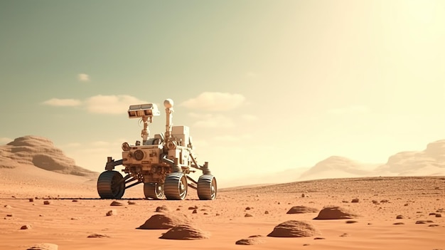 El rover de Marte se mueve a través de la superficie del planeta espacial hacia el planeta rojo.