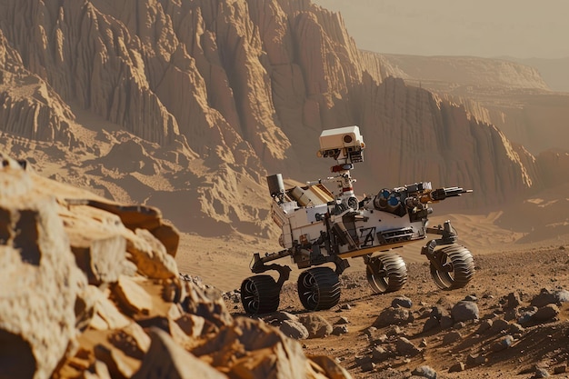 Un rover navegando por el terreno rocoso de Marte un explorador remoto en busca de señales de vida