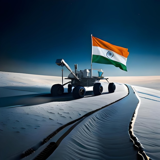 Foto rover pragyan con bandera india en la luna