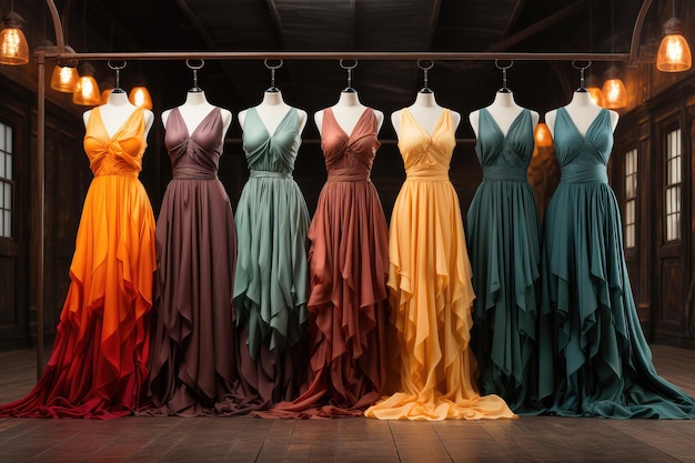 Row of Beautiful Luxury Colorful Dresses on Hangers in a Showroom Extreme Closeup Inteligência Artificial Geradora