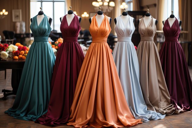 Row of Beautiful Luxury Colorful Dresses on Hangers in a Showroom Extreme Closeup Inteligência Artificial Geradora