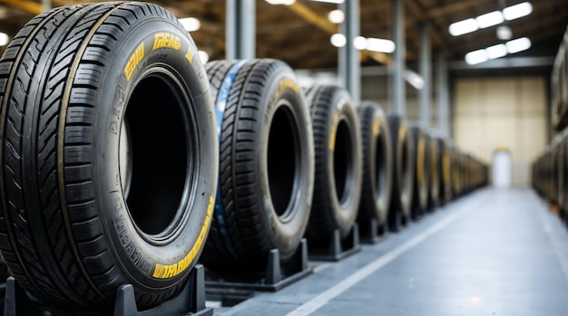 Row of new tires stored in a warehouse.
