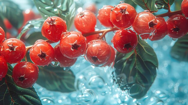 Rowanberry flotando por encima del agua cristalina al lado de las hojas de palma lente ancha ultra detallada