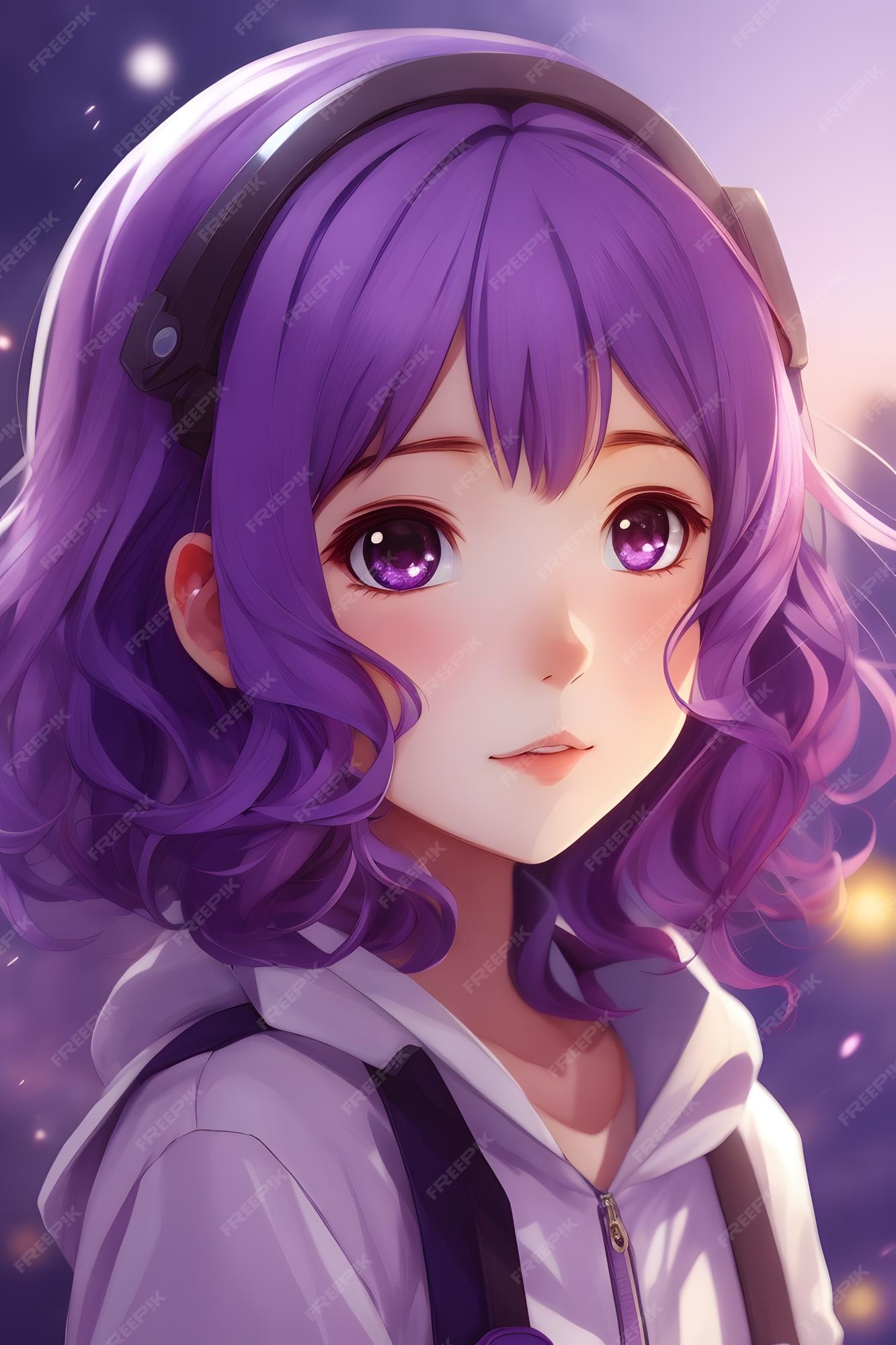 Garota de anime com cabelo roxo e olhos grandes e tristes · Creative Fabrica