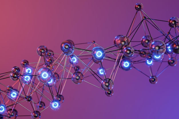 roxo e azul borrão fundo brilho estrutura molecular átomo conceito científico renderização em 3d.